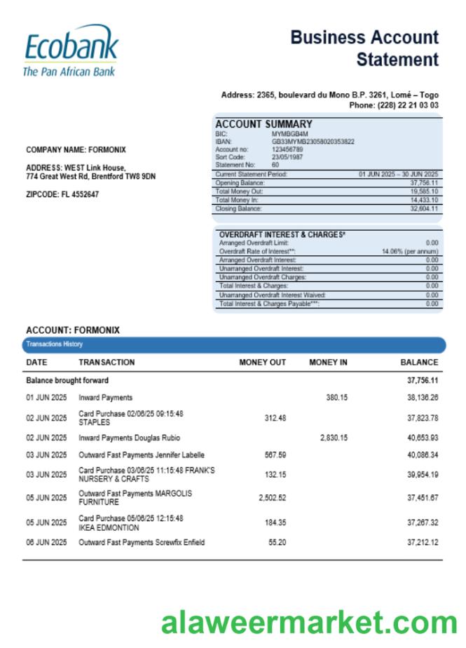 Central African Ecobank business bank organization account statement Word and PDF format
